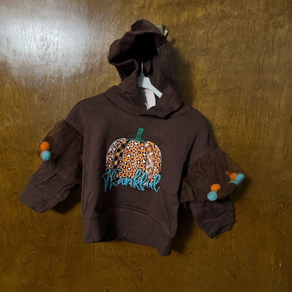 Marie Nicole Floral Thankful Tulle Pom Pom Brown Hoodie
